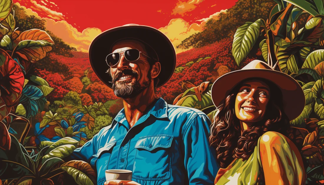 Pop-art illustration of coffee farmers on a coffee farm